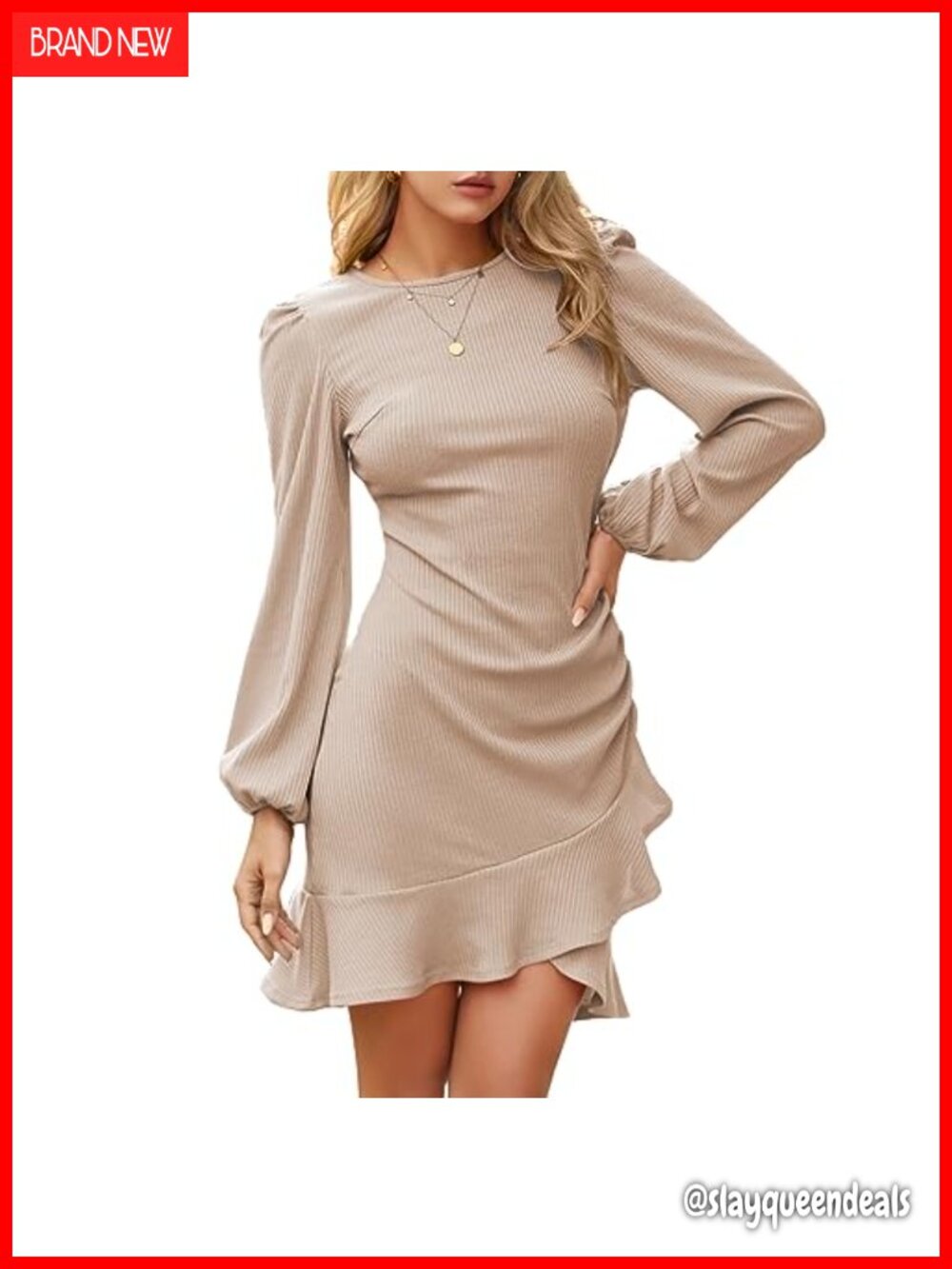 Women Long Sleeve Knit Sweater Mini Dress Bodycon Ruffle Hem Party Dress